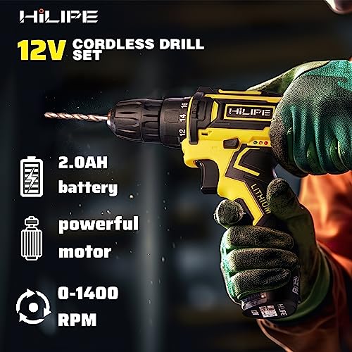 HILIPE Drill Set,12V Cordless Drill with Battery and Charger, Home Electric Power Drill Cordless, 3/8-Inch Keyless Chuck, 2 Variable Speed, 18+1 - WoodArtSupply