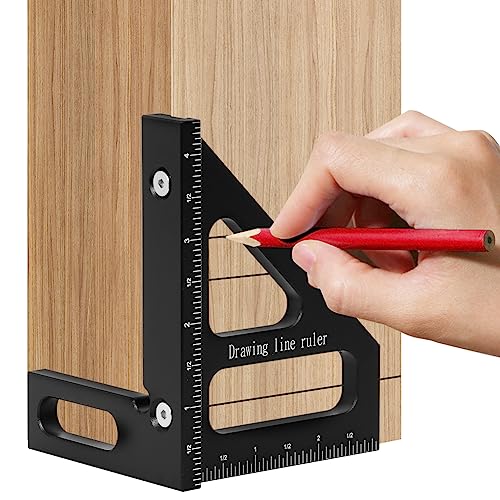 KETIPED Imperial 3D Multi-Angle Measuring Ruler,45/90 Degree Aluminum Alloy Woodworking Square Protractor, Miter Triangle Ruler High Precision Layout