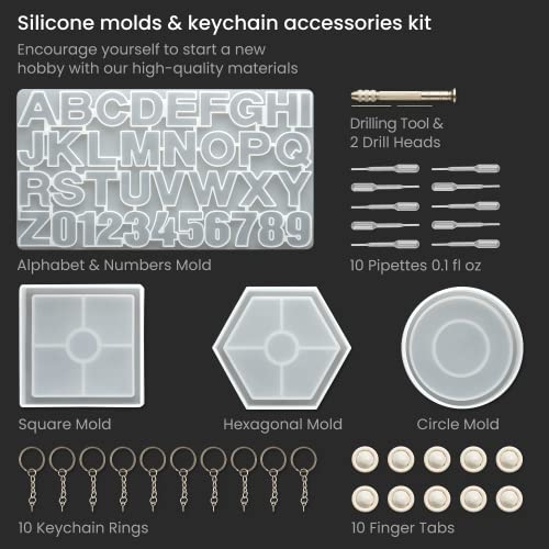 Arteza Resin Keychain Molds and Accessories, 37-Piece Kit, Numbers and Alphabet Silicone Molds, Keychain Rings, Finger Tabs, Pipettes, Drilling Tool ARTEZA