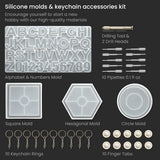 Arteza Resin Keychain Molds and Accessories, 37-Piece Kit, Numbers and Alphabet Silicone Molds, Keychain Rings, Finger Tabs, Pipettes, Drilling Tool ARTEZA