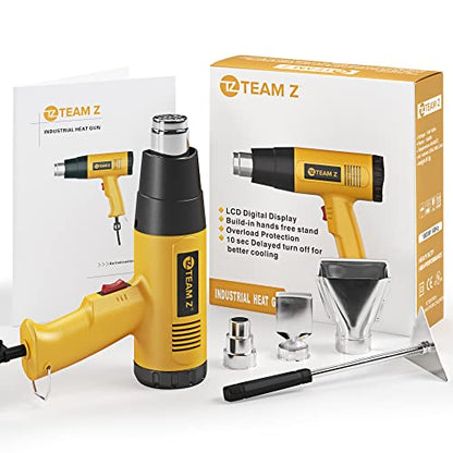 Team Z 1800W Heat Gun Kit 212°F to 1112°F(Only °F)- Fast Heating Heavy Duty Hot Air Gun, LCD Display, Overload Protection with 4 Nozzles for Shrink Wrap, Soften Paint, Bend Plastic Pipes and More