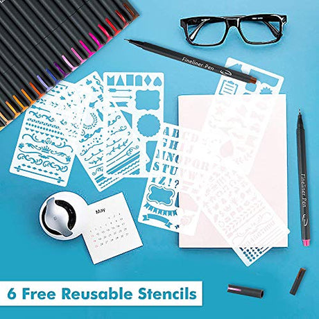 46 Pack Journal Planner Colored Pens, Lineon 40 Colors Fineliner Pens with 6 Different Stencils, Perfect Set for Journal Planner Note Calendar Lineon