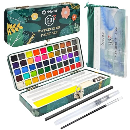 Artecho Watercolor Paint Set 50 Colors in Portable Box with Water Color Pallet, Watercolor Papers and Brushes, Ideal for Adults, Kids, Artists and