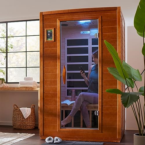 Dynamic Andora 2 Person Low EMF 6 Heating Panel Infrared Therapy Wood Dry Heat Sauna with Bluetooth, MP3 Aux Connection for Home Spa Days - Curbside
