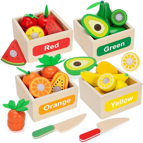 TooyBing Wooden Play Food Toy Set for Kids Kitchen - 30 Pcs Montessori Cutting & Color Sorting Fake Fruit Accessories with 4 Boxes, Pretend Play Toys TooyBing