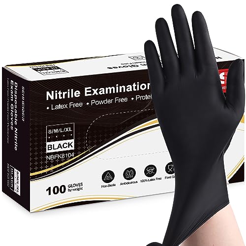 Schneider Nitrile Exam Gloves, Black, Large, Box of 100, Disposable Nitrile Gloves, Latex Free, Powder Free, Food Safe, Non-Sterile - for Medical, Schneider