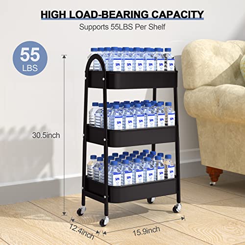 EAGMAK 3 Tier Utility Rolling Cart, Metal Storage Cart with Handle and Lockable Wheels, Multifunctional Storage Organizer Trolley with Mesh Baskets EAGMAK
