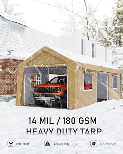 DEXSO Carport 13'x20' Heavy Duty Portable Garage, 1.0 mm Steel Poles & 180 g PE Waterproof Canopy, with Front & Rear Doors, 2 Side Doors, and 4 - WoodArtSupply