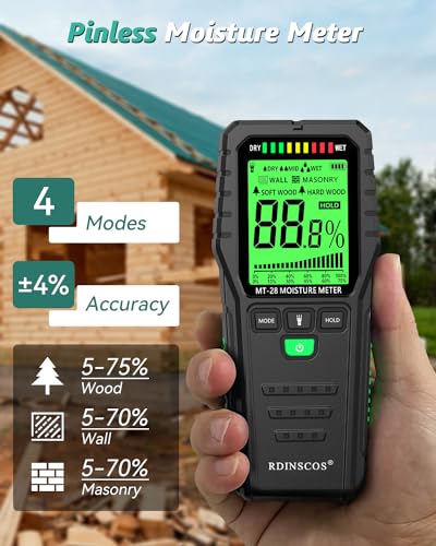 Pinless Moisture Meter for Walls,Wood Moisture Meter for Lumber,Floor Water Leak Detector Lumber Moisture Tester on Softwood and Hardwood,Firewood, RDINSCOS