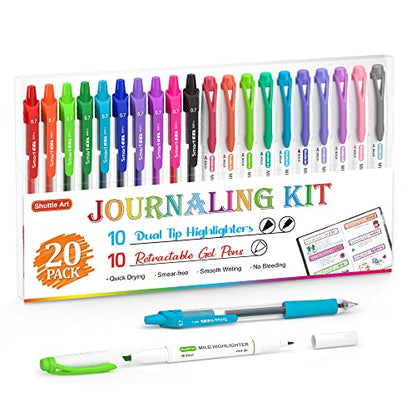 Shuttle Art 20 Pack Journaling Kit,10 Colors Dual Tip Highlighters and 10 Colors Retractable Gel Ink Pens,Perfect for Kids and Adults