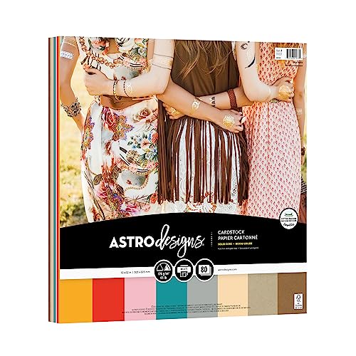 Astrodesigns Crafting Cardstock, 12" x 12", 65 lb/176 gsm, Bold BOHO 8-Color Assortment, 80 Sheets (91037) - WoodArtSupply