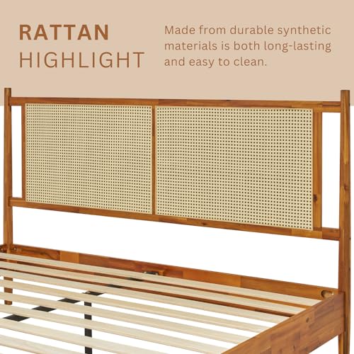 Bme Oliver 15 Inch Acacia Wood Bed Frame with Handcrafted Rattan Headboard - Bohemian & Mid Century Charm, No Box Spring Needed Bme