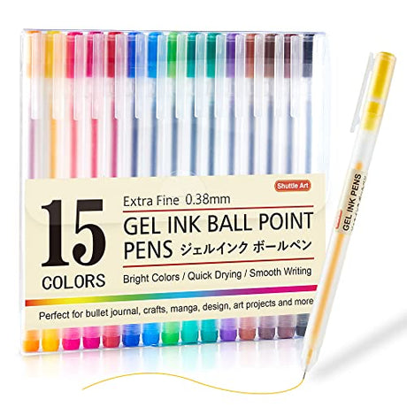 Shuttle Art Gel Ink Ball Point Pens, 15 Colors Japanese Style Pens, 0.38mm Extra-Fine Ballpoint Pens for Home, School and Office Shuttle Art