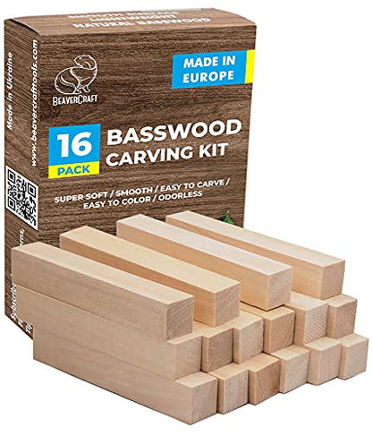 BeaverCraft BW16 pcs Basswood Carving Blocks Carving Wood Whittling Wood Bass to Carve Soft Wood Carving Kit for Beginners Block of Wood for Crafts - WoodArtSupply