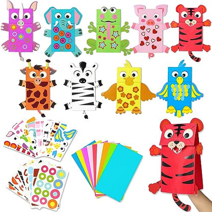 WATINC 9Pack Hand Puppet Art Craft Paper Sock Puppets DIY Making Your Own Puppet Kits Party Favors Wiggle Googly Eyes Storytelling Party Supplies