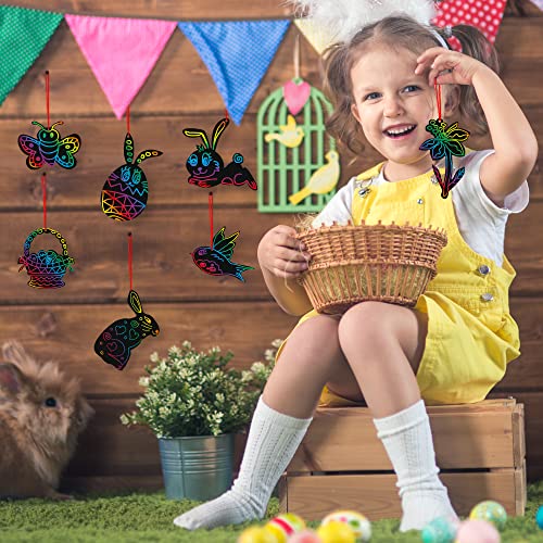 Easter Scratch Art for Kids Bulk, Set of 48 Scratch Art Ornaments, Wooden Stick, & Ribbon, Easter Craft Kit, Unique Teen Easter Basket Stuffers, Cool ArtCreativity