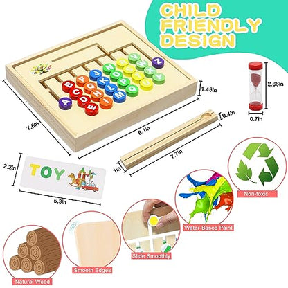 Wooden Montessori Toys for Kids 2 3 4 5 6 7 8 Years Old, Alphabet Learning Toys with 34 Cards, Color & Shape Matching Slide Puzzles Brain Teaser