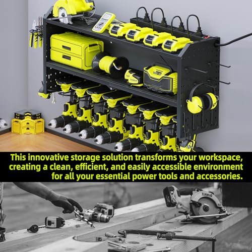 KAFAHOM Power Tool Organizer with Charging Station, Built in 8 Outlet Power Strip,Large 8 Drill Holder Wall Mount, Heavy Duty Metal Power Tool KAFAHOM