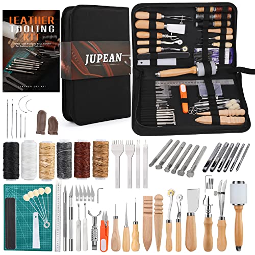 Leather Working Tools Leather Craft Kits Leather Sewing Tools with Storage Bag Cutting Mat Stamping Tool Prong Punch Waxed Thread Stitching Groover JUPEAN