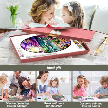 PFFNGPEN Diamond Painting Stained Glass Kits for Adults, 5D Beach Flower Sunset Diamond Art Kits for Beginners, DIY Full Drill Gem Art for Home Wall