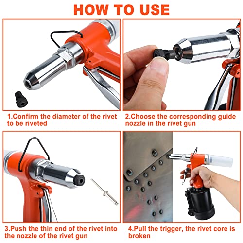 KUNTEC Air Rivet Tool Professional Heavy Duty Pneumatic Hydraulic Rivet Tool with 1/4" 3/16" 5/32" 1/8" Nose Pieces KUNTEC