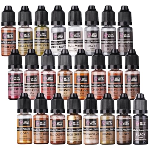 LET'S RESIN Metallic Alcohol Ink Set-24 Colors Metal Color Alcohol Based Resin Ink, High Concentrated & Shimmer Mixatives, Alcohol Paint for Epoxy - WoodArtSupply