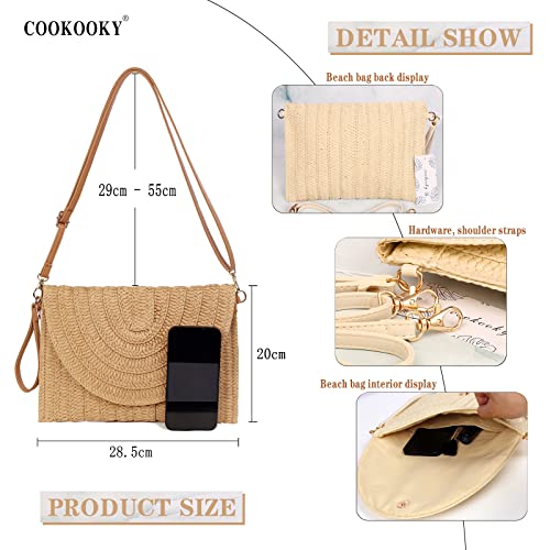 COOKOOKY Straw Clutch Handbag Summer Beach Straw Purse for Women woven Envelope Bag and 2 Pairs Rattan Earrings (Light brown bag and Rattan earrings) COOKOOKY