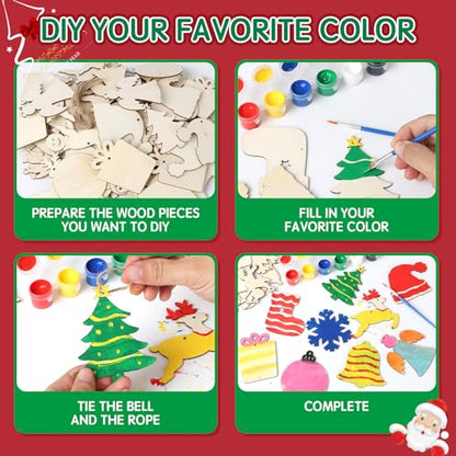 120 Pcs DIY Wooden Christmas Ornaments, Wooden Ornaments to Paint, Xmas Christmas Tree Wood Painting Craft Kit, Festival Holiday Unfinished Wood