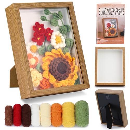 IMZAY Sunflower Crochet Kit with Photo Frame, Sunflower Knitting Weaving Set with Yarn, Hooks, Instruction, Stitching Markers, Fiber Fill, Floral IMZAY