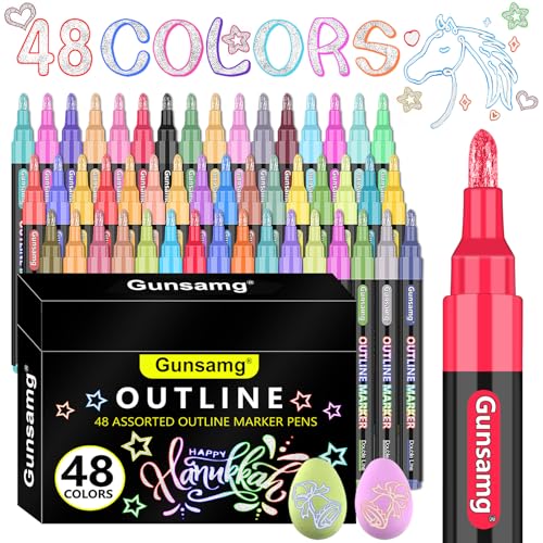 Gunsamg Outline Markers Double Line 48 Colors for Doodle Writing Shimmer Markers Pens Outline pens with Glitter, and Metallic Effects - WoodArtSupply