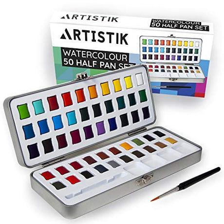 ARTISTIK Watercolor Paint Set - 50 Colors in Half Pan Palette and Portable Metal Tin - Assorted Vivid Color Paints with Paint Brush for Kids, ARTISTIK