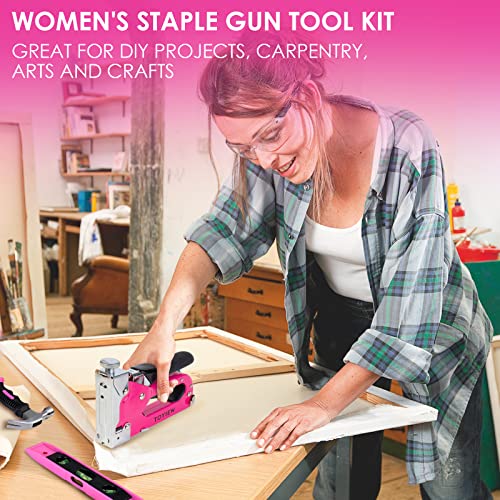 TOYIEW 33Pcs Pink Staple Gun Tool Set with 3 in 1 Upholstery Staple Gun for Wood Heavy Duty and 900 Staples, Perfect for DIY Decoration, Crafts, TOYIEW