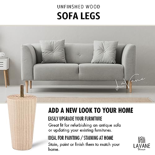 6 inch Unfinished Ash Wood Furniture Legs, LAVANE Set of 4 Mid-Century Modern Tapered Wooden Replacement Feet with Pre-Drilled 5/16 Inch Bolt & La Vane
