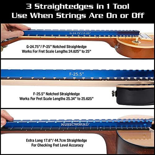 MusicNomad Tri-Beam 3 'n 1 Dual Notched Straightedge Luthiers Tool for Guitar Necks including Fender, Gibson, PRS (MN821) - WoodArtSupply