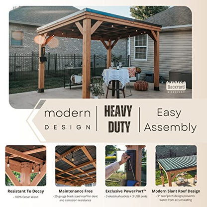 Backyard Discovery Arcadia 12 x 9.5 All Cedar Wooden Gazebo Pavilion with Hard Top Steel Slope Roof, Durable, Supports Snow Loads and Wind Speed, Rot