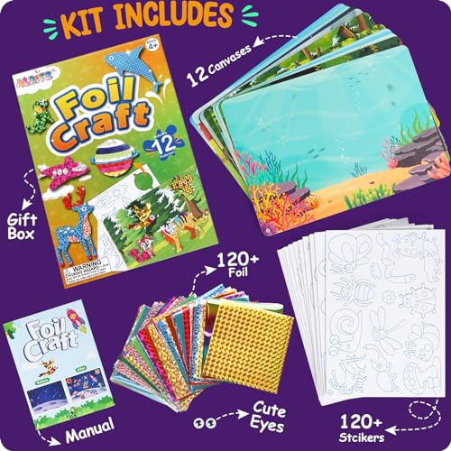Alritz Foil Crafts Fun Kit, No Mess Foil Art Kit Toys for Kids Animals Space Cars, Foil Stickers, Art Craft Supplies, DIY Christmas Gift for Girls Alritz