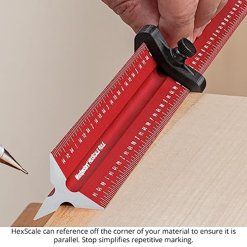 Woodpeckers Hexscale Rule, 12 Inch / 300MM, 6-in-1 Woodworking Ruler with Stop, Inch & MM Graduations, Zero Centering Scale, R2L & L2R Measuring - WoodArtSupply