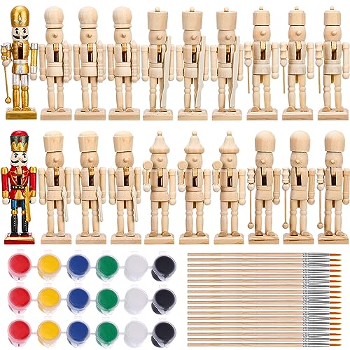 57 Pcs Christmas Unfinished Nutcracker Figures Set Include 18 Wooden Unpainted Nutcracker Soldier Ornament with Paint Brushes Beards and Paint Strips - WoodArtSupply