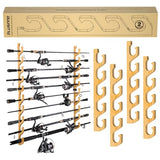 PLUSINNO WH5 Horizontal Fishing Rod/Pole Holders for Garage, Wall or Ceiling Mounted Fishing Rod Rack, Solid Wood Fishing Pole Holder Holds up to 5 PLUSINNO