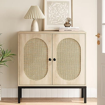 IDEALHOUSE Buffet Cabinet, Rattan Storage Cabinet with Doors and Shelves, Accent Cabinet Sideboard, Wood Console Cabinet with Storage Entryway