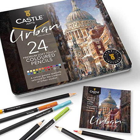 Castle Arts Themed 24 Colored Pencil Set in Tin Box, perfect Urban sketching colors featuring quality, smooth colored cores, superior blending & Castle Art Supplies