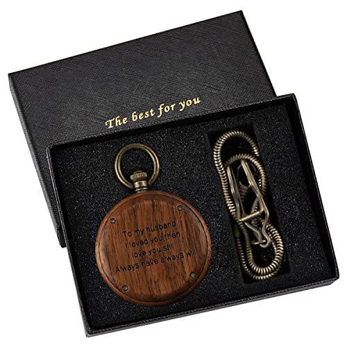 Tiong to My Husband Gifts Personalized Engraved Wood Pocket Watch for Men Husband Anniversary Christmas Birthday Wooden Quartz Pocket Watch Best Tiong