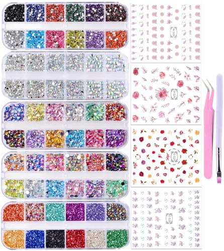 editTime 5000 Pieces (5 Boxes) Shiny Colorful Nail Art Rhinestones Nail Stone Gems Design Kit and 4 sheets flower nail art stickers with a Curved editTime