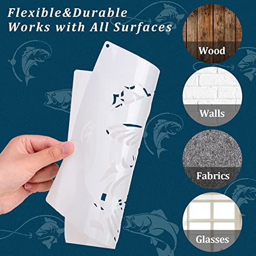 9 Pieces Fish Stencil Bass Fish Stencil Bass Fishing Stencil Template Reusable Painting Drawing Stencil and Metal Open Ring for Painting on Wood Wall Outus