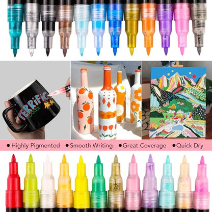 AROIC 24 Pack Acrylic Paint Pens for Rock Painting Fine Point Paint Markers Acrylic Paint Markers For Wood,Metal,Plastic,Glass,Canvas, Ceramic,Craft