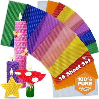 Beeswax Candle Making Kit for Kids - 100% Pure Bees Wax (16 Multicolor Sheets) DIY Candle Rolling Supplies for DIY Art Craft and STEM Projects for