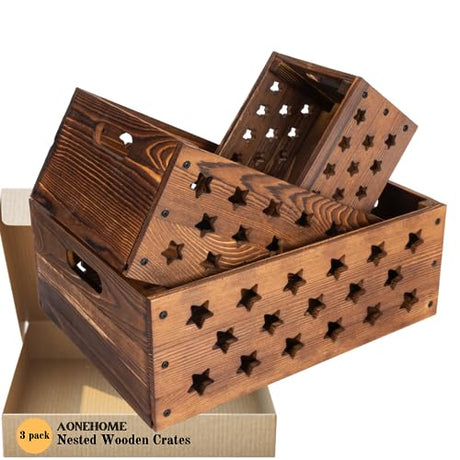 AONEHOME Set of 3 Decorative Nesting Wooden Crates with Handles, Wood Crates for Organizing Home and Kitchen, storage crates, Crates for Decoration, AONEHOME