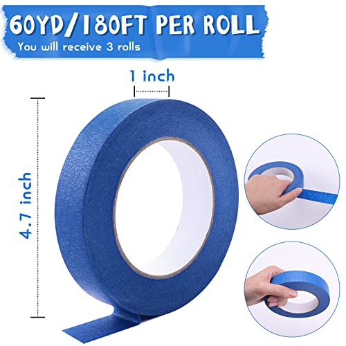 HTVRONT Blue Painters Tape - 1 Inch x 60 Yards x 3 Rolls Masking Tape, Multi-Surface Painters Tape, Paint Tape for Wall, Painting, Craft, Art HTVRONT
