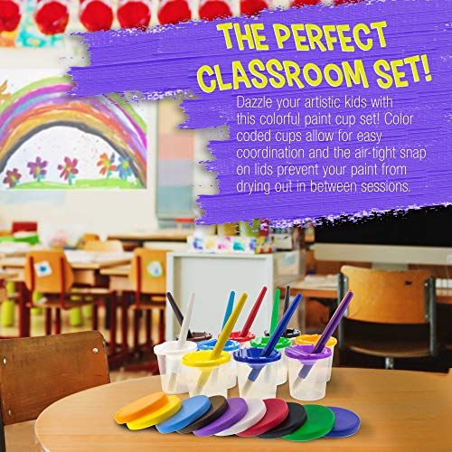 U.S. Art Supply 10 Piece Children's No Spill Paint Cups with Colored Lids and 10 Piece Large Round Brush Set with Plastic Handles U.S. Art Supply