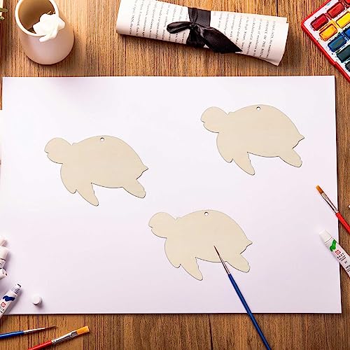 20pcs Turtle Wood Crafts Cutouts Wooden Sea Turtle Shaped Hanging Ornaments with Hole Hemp Ropes Gift Tags for DIY Projects Sea Animals Themed Party